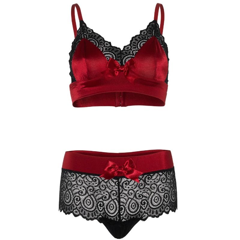 LEG AVENUE - REGGISENO E CULOTTE IN RASO NERO/ROSSO L/XL