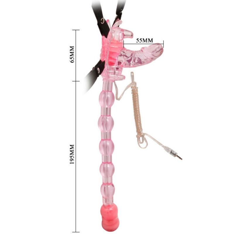 STIMOLATORE CLITORIDE VAGINA E ANO VIBRANTE CON STRAPON BUTTERFLY ROSA