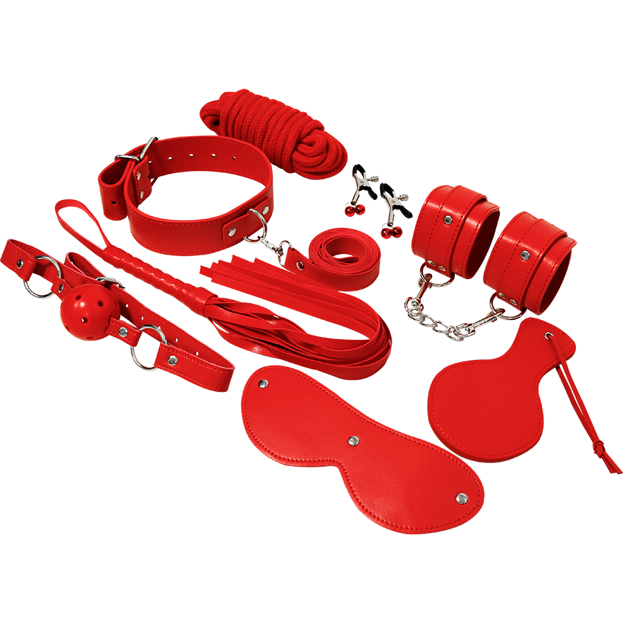 KIT BONDAGE BDSM COMPLETO, PELLE SINTETICA ROSSA, 8 PEZZI ESSENZIALI