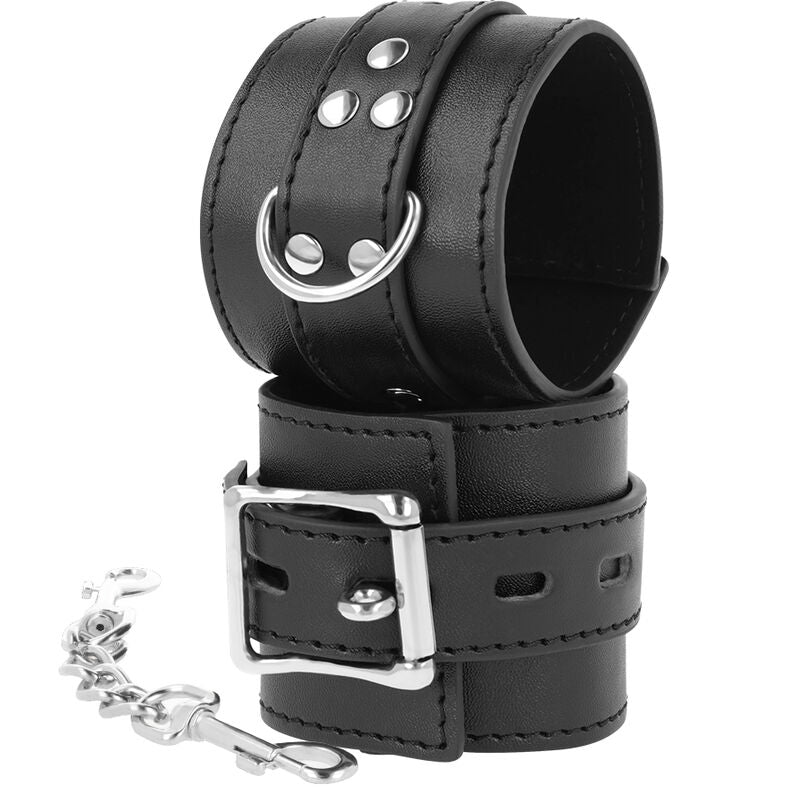 MANETTE IN PELLE NERA, FIBBIE REGOLABILI, CATENE RESISTENTI