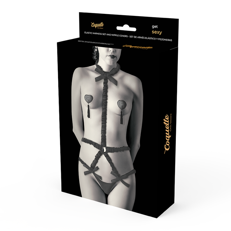 COQUETTE CHIC DESIRE - SET HARNESS ELASTICO E COPRICAPEZZOLI NERI