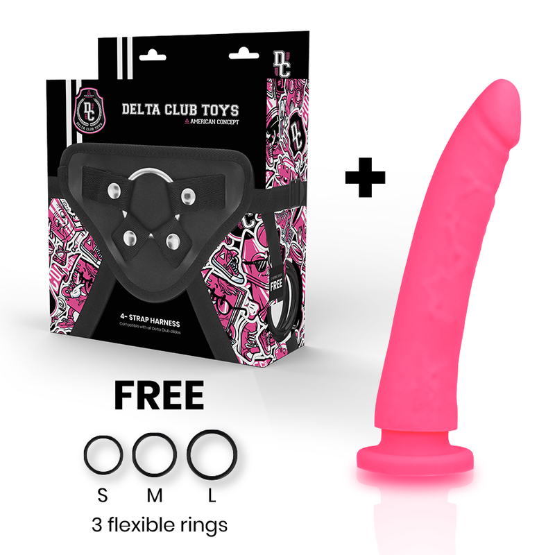 DELTA CLUB - HARNESS + ANELLI + DILDO IN SILICONE ROSA 17 CM -O- 3 CM