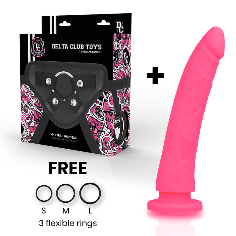 DELTA CLUB - HARNESS + ANELLI + DILDO IN SILICONE ROSA 20 CM -O- 4 CM