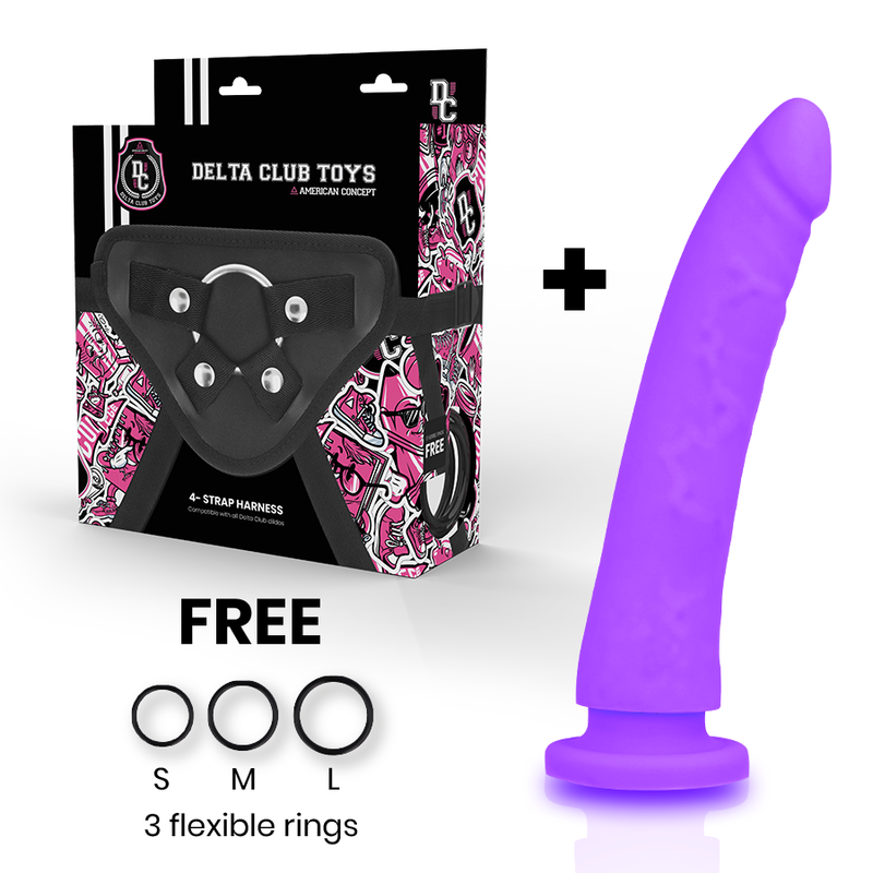 DELTA CLUB - HARNESS + ANELLI + DILDO IN SILICONE VIOLA 20 CM -O- 4 CM